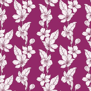 Sakura ile çiçek desenli. Kiraz çiçeği geçmişi. Eko arka plan. Kiraz çiçeği ve yeşilimsi el çizimi sanat tasarımı. Zarif, kusursuz arka plan minimalist tarzı