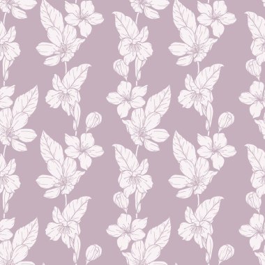 Sakura ile çiçek desenli. Kiraz çiçeği geçmişi. Eko arka plan. Kiraz çiçeği ve yeşilimsi el çizimi sanat tasarımı. Zarif, kusursuz arka plan minimalist tarzı