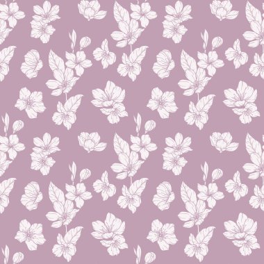 Sakura ile çiçek desenli. Kiraz çiçeği geçmişi. Eko arka plan. Kiraz çiçeği ve yeşilimsi el çizimi sanat tasarımı. Zarif, kusursuz arka plan minimalist tarzı