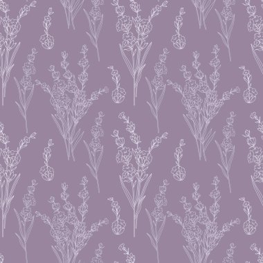 Lavanta çiçekli, pürüzsüz desen. Lavanta arkaplan. Eko arka plan. Lavantalı el çizimi sanat tasarımı. Zarif, kusursuz arka plan minimalist tarzı