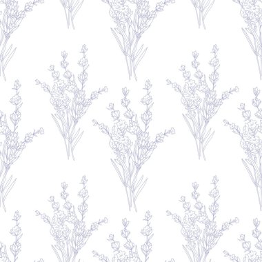 Lavanta çiçekli, pürüzsüz desen. Lavanta arkaplan. Eko arka plan. Lavantalı el çizimi sanat tasarımı. Zarif, kusursuz arka plan minimalist tarzı