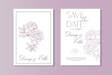 Peony Düğün Davetiyesi Şablonu. El çizgisi Art Peony Flowers. Minimalist Minimalist Düğün Tasarımı, Bahar Yaz Düğün Şablonu
