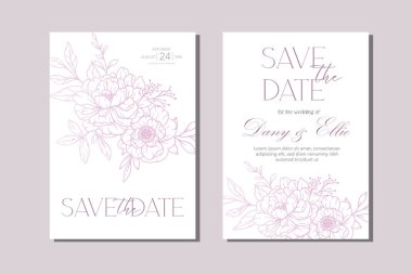 Peony Düğün Davetiyesi Şablonu. El çizgisi Art Peony Flowers. Minimalist Minimalist Düğün Tasarımı, Bahar Yaz Düğün Şablonu