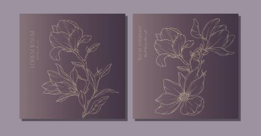 El Çekimi Manolya Çiçekleri Taslağı. Çizgi Sanat Manolyası İllüstrasyonu. Modaya uygun minimalist manolyaları olan botanik arka plan. Lüks Çiçek Hattı Sanat Tasarımı