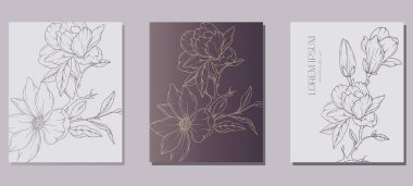 El Çekimi Manolya Çiçekleri Taslağı. Çizgi Sanat Manolyası İllüstrasyonu. Modaya uygun minimalist manolyaları olan botanik arka plan. Lüks Çiçek Hattı Sanat Tasarımı