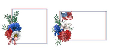 4 Temmuz Çiçek Tasarımı. Bağımsızlık Günü Çizimleri. ABD Vatansever Renkleri çiçek buketi. Çiçekli Amerikan bayrağı tasarımı. 4 Temmuz tasarım şablonu. 