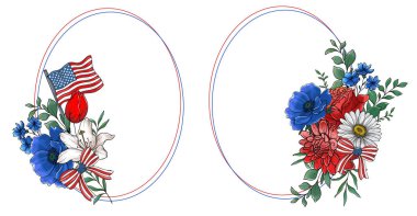 4 Temmuz Çiçek Tasarımı. Bağımsızlık Günü Çizimleri. ABD Vatansever Renkleri çiçek buketi. Çiçekli Amerikan bayrağı tasarımı. 4 Temmuz tasarım şablonu. 
