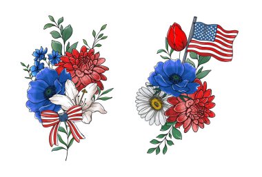 4 Temmuz Çiçek Tasarımı. Bağımsızlık Günü Çizimleri. ABD Vatansever Renkleri çiçek buketi. Çiçekli Amerikan bayrağı tasarımı. 4 Temmuz tasarım şablonu. 