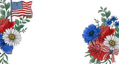 4 Temmuz Çiçek Tasarımı. Bağımsızlık Günü Çizimleri. ABD Vatansever Renkleri çiçek buketi. Çiçekli Amerikan bayrağı tasarımı. 4 Temmuz tasarım şablonu. 