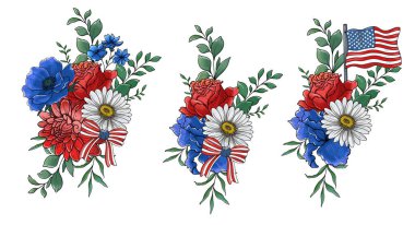 4 Temmuz Çiçek Tasarımı. Bağımsızlık Günü Çizimleri. ABD Vatansever Renkleri çiçek buketi. Çiçekli Amerikan bayrağı tasarımı. 4 Temmuz tasarım şablonu. 