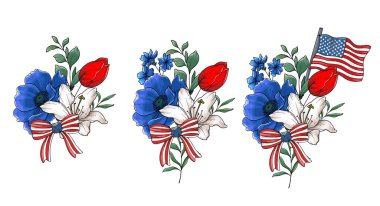 4 Temmuz Çiçek Tasarımı. Bağımsızlık Günü Çizimleri. ABD Vatansever Renkleri çiçek buketi. Çiçekli Amerikan bayrağı tasarımı. 4 Temmuz tasarım şablonu. 