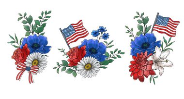 4 Temmuz Çiçek Tasarımı. Bağımsızlık Günü Çizimleri. ABD Vatansever Renkleri çiçek buketi. Çiçekli Amerikan bayrağı tasarımı. 4 Temmuz tasarım şablonu. 