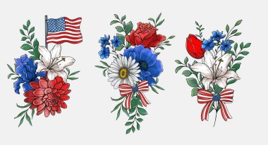 4 Temmuz Çiçek Tasarımı. Bağımsızlık Günü Çizimleri. ABD Vatansever Renkleri çiçek buketi. Çiçekli Amerikan bayrağı tasarımı. 4 Temmuz tasarım şablonu. 