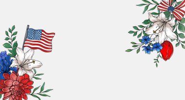 4 Temmuz Çiçek Tasarımı. Bağımsızlık Günü Çizimleri. ABD Vatansever Renkleri çiçek buketi. Çiçekli Amerikan bayrağı tasarımı. 4 Temmuz tasarım şablonu. 