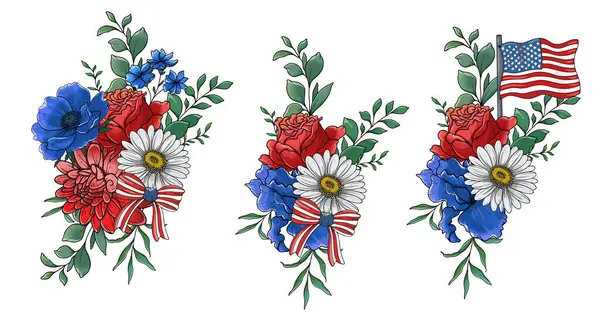 4 Temmuz Çiçek Tasarımı. Bağımsızlık Günü Çizimleri. ABD Vatansever Renkleri çiçek buketi. Çiçekli Amerikan bayrağı tasarımı. 4 Temmuz tasarım şablonu. 