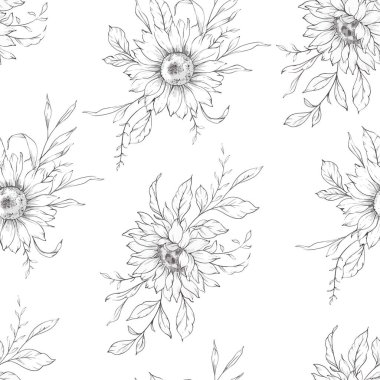 Çiçeksiz desenli ayçiçekleri. Ayçiçeği arka planı. Ayçiçeği deseni. Ayçiçeği el çizimi sanat tasarımı. Zarif, kusursuz arka plan minimalist tarzı