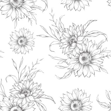 Çiçeksiz desenli ayçiçekleri. Ayçiçeği arka planı. Ayçiçeği deseni. Ayçiçeği el çizimi sanat tasarımı. Zarif, kusursuz arka plan minimalist tarzı