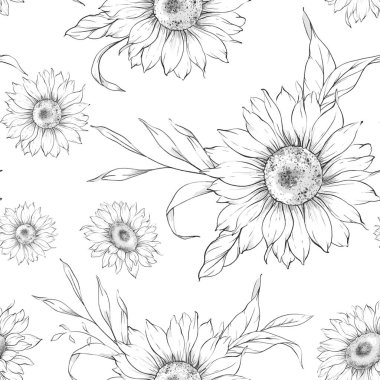 Çiçeksiz desenli ayçiçekleri. Ayçiçeği arka planı. Ayçiçeği deseni. Ayçiçeği el çizimi sanat tasarımı. Zarif, kusursuz arka plan minimalist tarzı