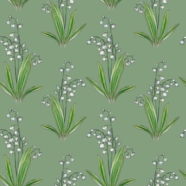 Vadi 'nin Lily' si. Vadi Zambağı Kusursuz Şablon. El yapımı çiçek desensiz arka plan. Green Leaves ve Flowers grafikleri. The Valley 'li Lily' nin kusursuz baskısı. Duvar kağıtları için çiçek deseni, ambalaj kağıdı, düğün tasarımı