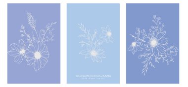 Modaya uygun kır çiçekleri ve çizgili sanat örnekleri. Botanik Çizgisi Yaban Çiçekleri Koleksiyonu. El çizimi sanat grafikleri. Lüks ince çizgi çiçek sanatı. Şık bir düğün daveti için mükemmel. 