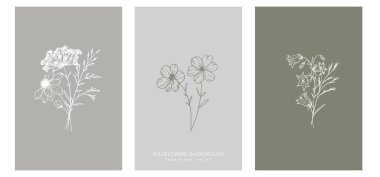 Modaya uygun kır çiçekleri ve çizgili sanat örnekleri. Botanik Çizgisi Yaban Çiçekleri Koleksiyonu. El çizimi sanat grafikleri. Lüks ince çizgi çiçek sanatı. Şık bir düğün daveti için mükemmel. 