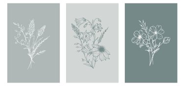 Modaya uygun kır çiçekleri ve çizgili sanat örnekleri. Botanik Çizgisi Yaban Çiçekleri Koleksiyonu. El çizimi sanat grafikleri. Lüks ince çizgi çiçek sanatı. Şık bir düğün daveti için mükemmel. 
