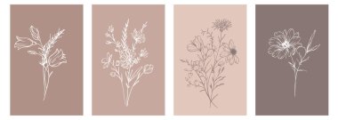 Modaya uygun kır çiçekleri ve çizgili sanat örnekleri. Botanik Çizgisi Yaban Çiçekleri Koleksiyonu. El çizimi sanat grafikleri. Lüks ince çizgi çiçek sanatı. Şık bir düğün daveti için mükemmel. 