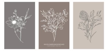 Modaya uygun kır çiçekleri ve çizgili sanat örnekleri. Botanik Çizgisi Yaban Çiçekleri Koleksiyonu. El çizimi sanat grafikleri. Lüks ince çizgi çiçek sanatı. Şık bir düğün daveti için mükemmel. 