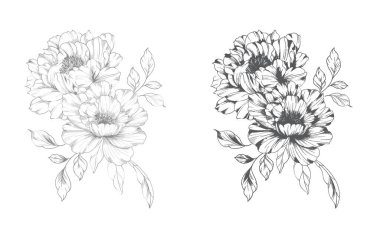 Şakayık Çizgisi Çizimi. Moda çiçekli şakayık buketler çizimi. Botanik Çizgisi Art Peony geçmişi. El çizimi, şakayık çiçekleri. Siyah beyaz şakayık