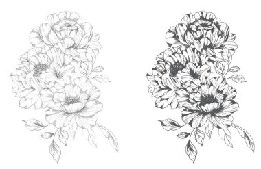 Şakayık Çizgisi Çizimi. Moda çiçekli şakayık buketler çizimi. Botanik Çizgisi Art Peony geçmişi. El çizimi, şakayık çiçekleri. Siyah beyaz şakayık