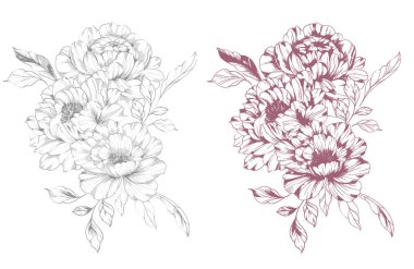 Şakayık Çizgisi Çizimi. Moda çiçekli şakayık buketler çizimi. Botanik Çizgisi Art Peony geçmişi. El çizimi, şakayık çiçekleri. Siyah beyaz şakayık