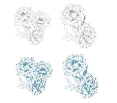 Şakayık Çizgisi Çizimi. Moda çiçekli şakayık buketler çizimi. Botanik Çizgisi Art Peony geçmişi. El çizimi, şakayık çiçekleri. Siyah beyaz şakayık