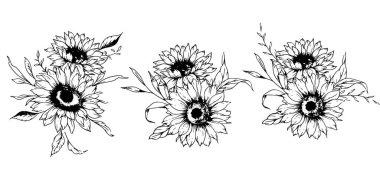 Ayçiçeği çizimi. Sunflower illüstrasyonunu özetle. El yapımı ayçiçeği silueti. Tek Renkli Çiçek Hattı Sanatı. Mürekkep Ayçiçekleri Paketleme için çizim, etiketler. 