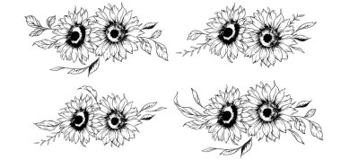 Ayçiçeği çizimi. Sunflower illüstrasyonunu özetle. El yapımı ayçiçeği silueti. Tek Renkli Çiçek Hattı Sanatı. Mürekkep Ayçiçekleri Paketleme için çizim, etiketler. 