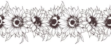 Kusursuz Ayçiçeği Çelengi. Kusursuz Yatay Ayçiçeği Arkaplanı. Ayçiçeği çizimi. Kusursuz Çiçek Tasarımı. Botanik çelengi pürüzsüz. Kenarlık Çerçevesi