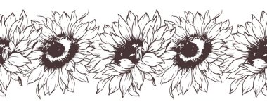 Kusursuz Ayçiçeği Çelengi. Kusursuz Yatay Ayçiçeği Arkaplanı. Ayçiçeği çizimi. Kusursuz Çiçek Tasarımı. Botanik çelengi pürüzsüz. Kenarlık Çerçevesi