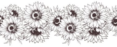 Kusursuz Ayçiçeği Çelengi. Kusursuz Yatay Ayçiçeği Arkaplanı. Ayçiçeği çizimi. Kusursuz Çiçek Tasarımı. Botanik çelengi pürüzsüz. Kenarlık Çerçevesi