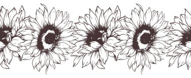 Kusursuz Ayçiçeği Çelengi. Kusursuz Yatay Ayçiçeği Arkaplanı. Ayçiçeği çizimi. Kusursuz Çiçek Tasarımı. Botanik çelengi pürüzsüz. Kenarlık Çerçevesi