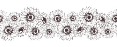 Kusursuz Ayçiçeği Çelengi. Kusursuz Yatay Ayçiçeği Arkaplanı. Ayçiçeği çizimi. Kusursuz Çiçek Tasarımı. Botanik çelengi pürüzsüz. Kenarlık Çerçevesi