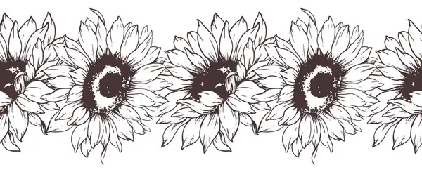 Kusursuz Ayçiçeği Çelengi. Kusursuz Yatay Ayçiçeği Arkaplanı. Ayçiçeği çizimi. Kusursuz Çiçek Tasarımı. Botanik çelengi pürüzsüz. Kenarlık Çerçevesi