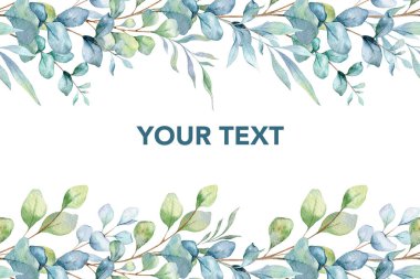 Yeşillikli kusursuz okaliptüs Garland. Botanik Kusursuz Yatay Arkaplan. Okaliptüs Suluboya Çizimi. Okaliptüs Dalları Tasarımı. Yeşillik okaliptüs düğün tasarımı. Okaliptüs Kenarlık Çerçevesi