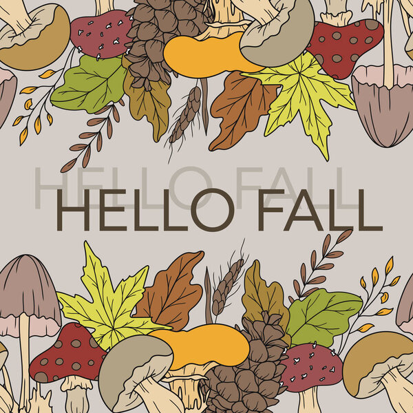 Fall Seamless Design. Hello Fall Poster. Horizontal  Fall Background. Autumn Line Art Drawing. Fall Botanical garland seamless. Border Frame
