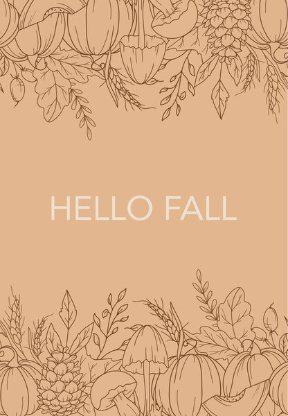 Fall Seamless Design. Hello Fall Poster. Horizontal  Fall Background. Autumn Line Art Drawing. Fall Botanical garland seamless. Border Frame