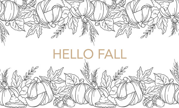 Fall Seamless Design. Hello Fall Poster. Horizontal  Fall Background. Autumn Line Art Drawing. Fall Botanical garland seamless. Border Frame