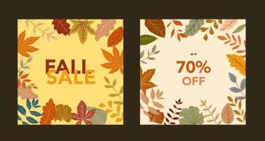 Sonbahar indirimi afişi. Sonbahar illüstrasyon bırakır. Sonbahar sınır tasarımı. Bayram kartları, şablonlar, şükran günü tasarımları için sonbahar grafikleri. Yaprak Düz Çizim. Poster şablonunu düşür