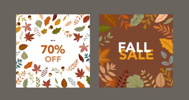 Sonbahar indirimi afişi. Sonbahar illüstrasyon bırakır. Sonbahar sınır tasarımı. Bayram kartları, şablonlar, şükran günü tasarımları için sonbahar grafikleri. Yaprak Düz Çizim. Poster şablonunu düşür