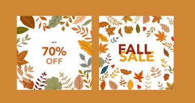 Sonbahar indirimi afişi. Sonbahar illüstrasyon bırakır. Sonbahar sınır tasarımı. Bayram kartları, şablonlar, şükran günü tasarımları için sonbahar grafikleri. Yaprak Düz Çizim. Poster şablonunu düşür