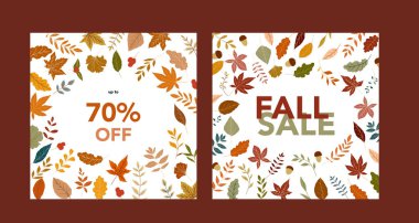 Sonbahar indirimi afişi. Sonbahar illüstrasyon bırakır. Sonbahar sınır tasarımı. Bayram kartları, şablonlar, şükran günü tasarımları için sonbahar grafikleri. Yaprak Düz Çizim. Poster şablonunu düşür