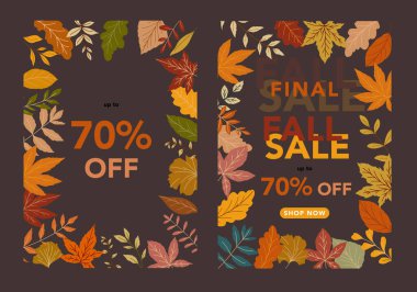 Sonbahar indirimi afişi. Sonbahar illüstrasyon bırakır. Sonbahar sınır tasarımı. Bayram kartları, şablonlar, şükran günü tasarımları için sonbahar grafikleri. Yaprak Düz Çizim. Poster şablonunu düşür