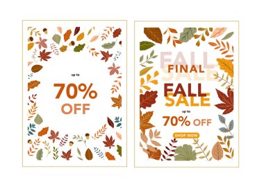 Sonbahar indirimi afişi. Sonbahar illüstrasyon bırakır. Sonbahar sınır tasarımı. Bayram kartları, şablonlar, şükran günü tasarımları için sonbahar grafikleri. Yaprak Düz Çizim. Poster şablonunu düşür